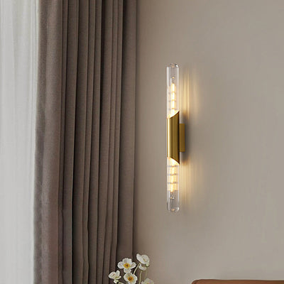 Zeitgenössische nordische Messingglasstreifen-Wandleuchte mit 2 Lichtern für Wohnzimmer 