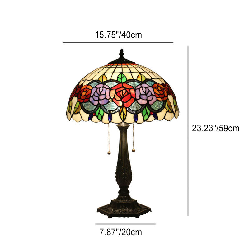 Tiffany Vintage Rose Stained Glass Dome 2-Light Table Lamp