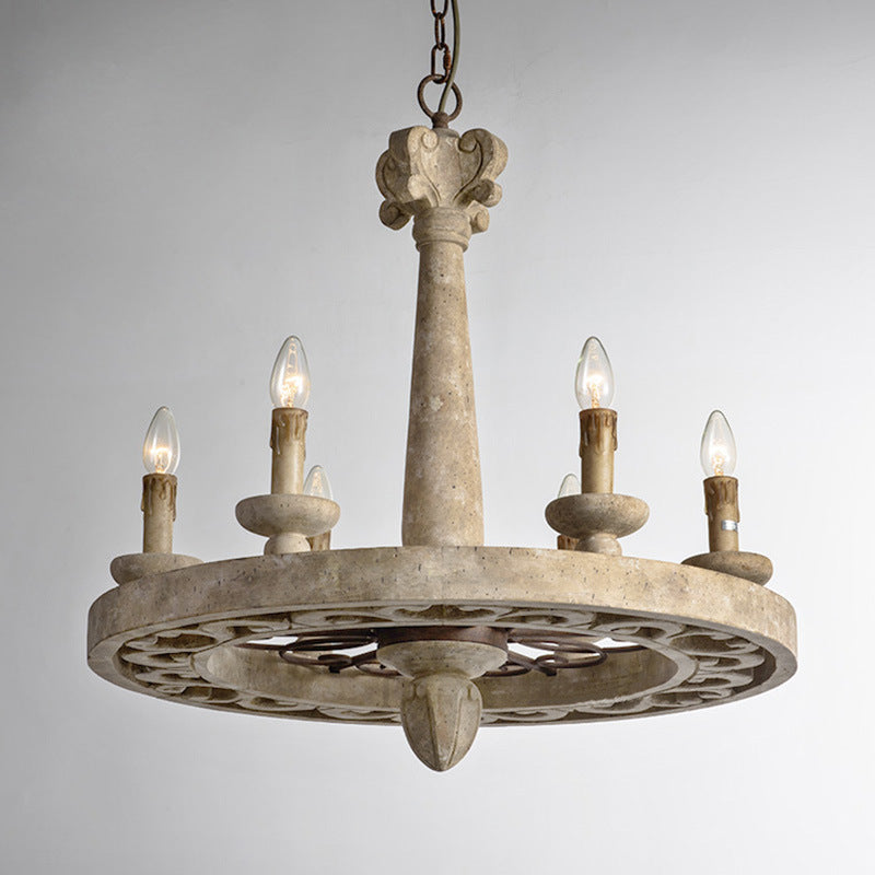 Candelabro redondo de hierro con 6 luces de estilo rústico de granja con madera envejecida para sala de estar 