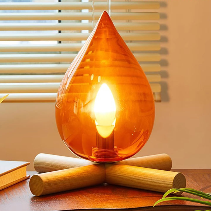 Lámpara de Mesa de 1 Luz de Madera Maciza con Vidrio y Llama Creativa Contemporánea para Dormitorio 