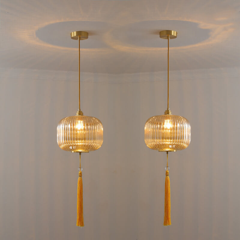 Lámpara colgante de 1 luz de vidrio de cobre con forma de linterna moderna nórdica 