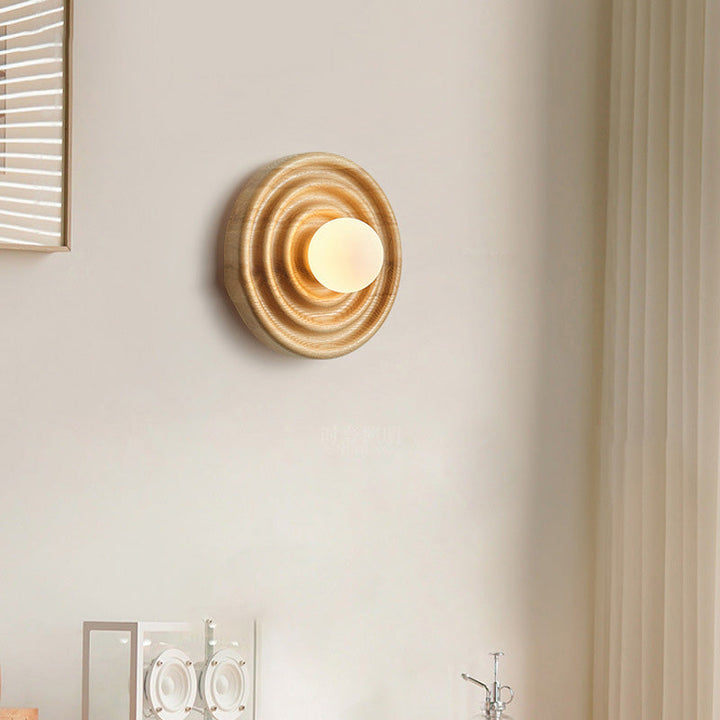 Traditionelle japanische Wabi-Sabi Holz Wachstumsring Glaskugel Schatten 1-Licht Wandleuchte Lampe für Schlafzimmer 