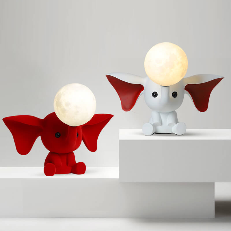 Lámpara de Mesa de 1 Luz de Resina con Elefante Creativo de Dibujos Animados y Luna 
