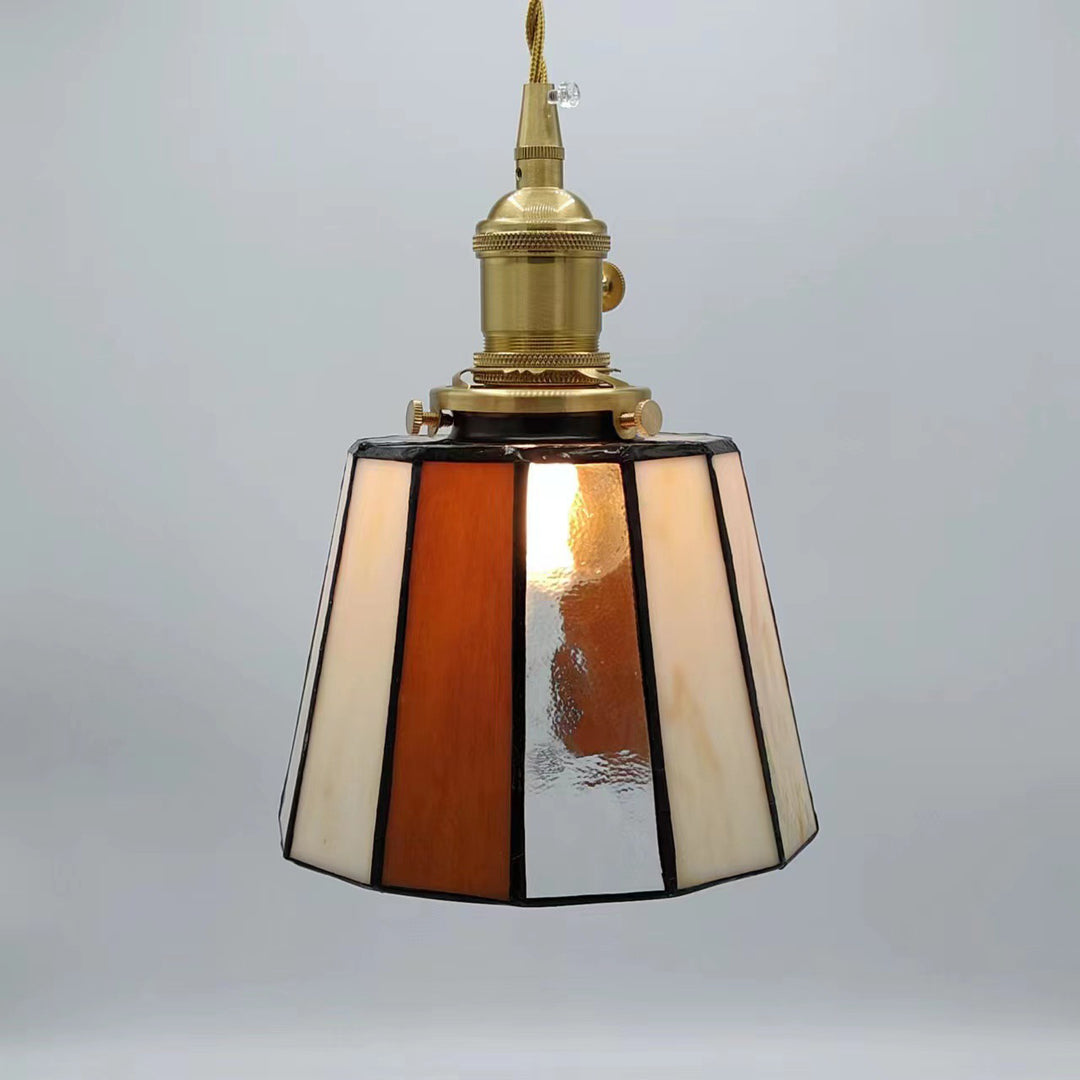 Lustre suspendu traditionnel vintage en laiton, verre, cylindre quadripartite, corne, treillis, à 1 lumière pour salle à manger 
