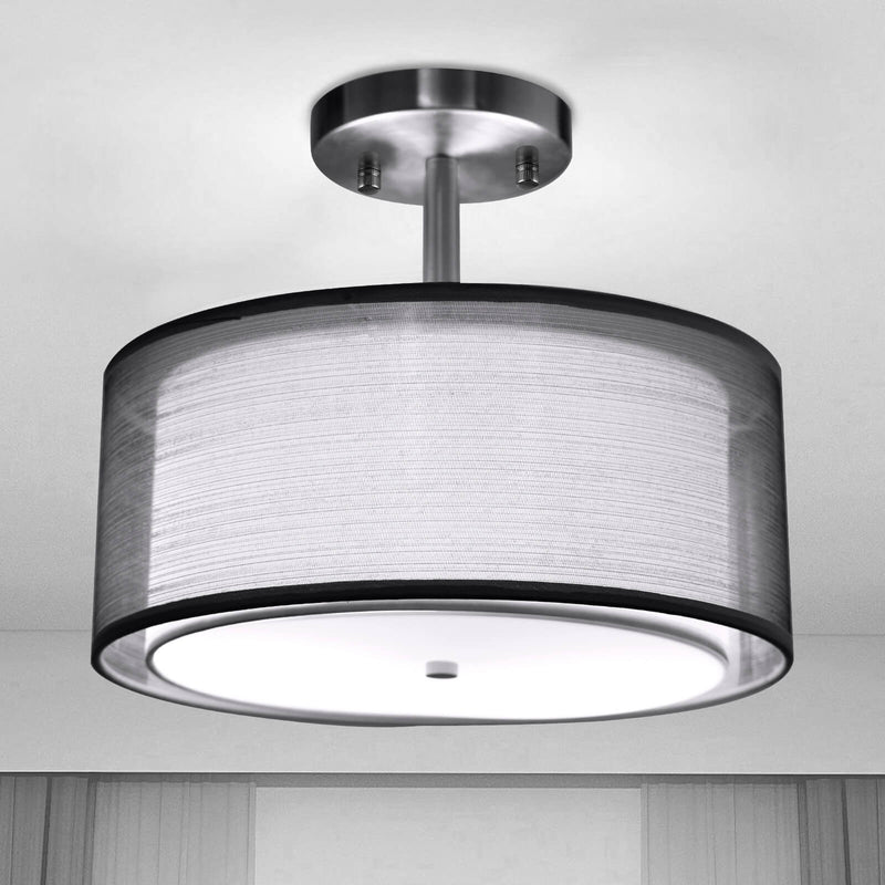 Modern Minimalist Round Iron Fabric 3-Light Semi-Flush Mount Ceiling Light For Living Room