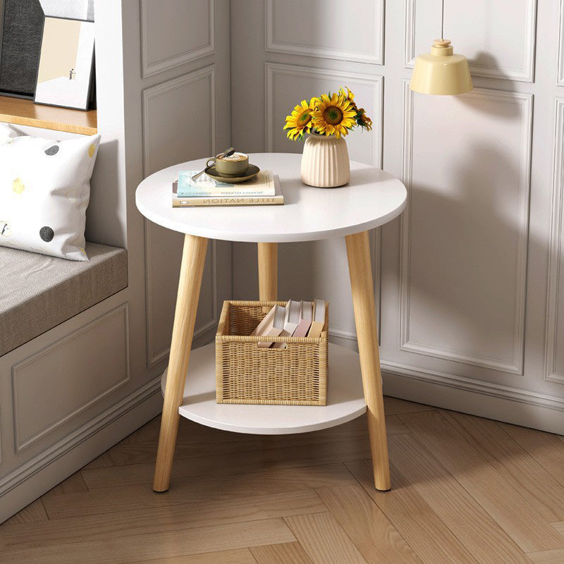 Table basse en bois moderne minimaliste avec plateau rond et base triangulaire à deux niveaux pour salon 