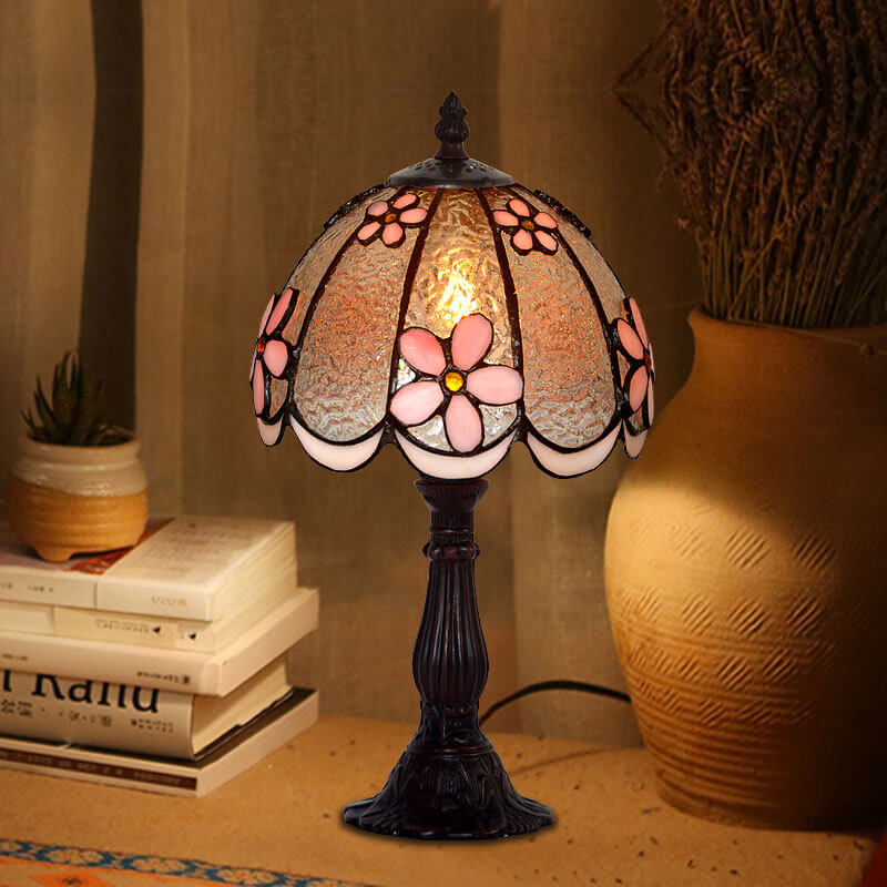 Tiffany Pflaumenblume Buntglas Kuppel Metallbasis 1-Licht Tischlampe 