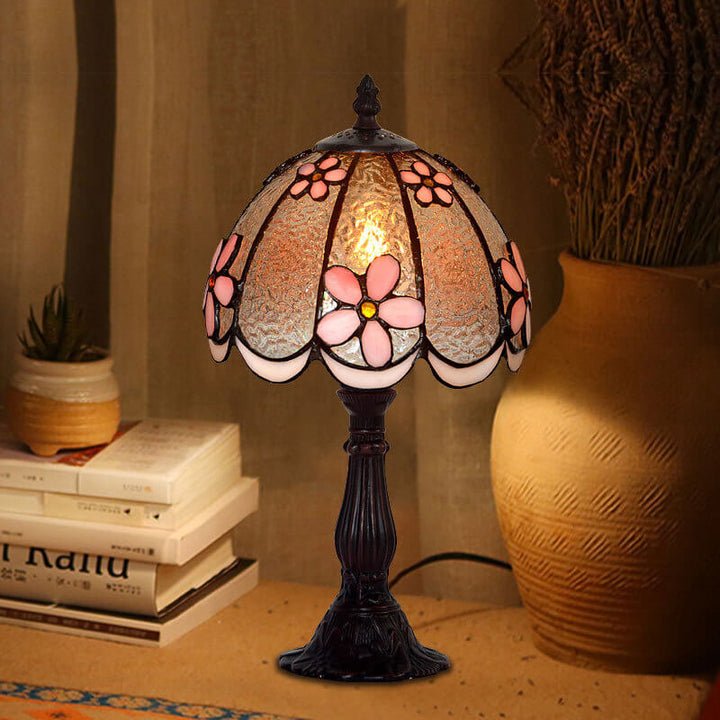 Tiffany Pflaumenblume Buntglas Kuppel Metallbasis 1-Licht Tischlampe 