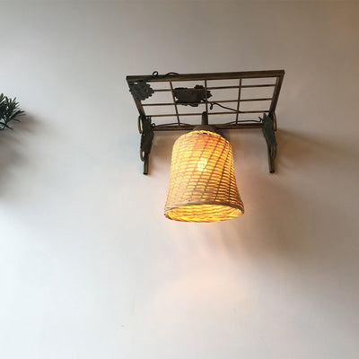 Lámpara Aplique de Pared de 1 Luz con Cilindro de Hierro y Bambú Tejido Cuadrícula Rectangular Rústica Tradicional para Sala de Estar 