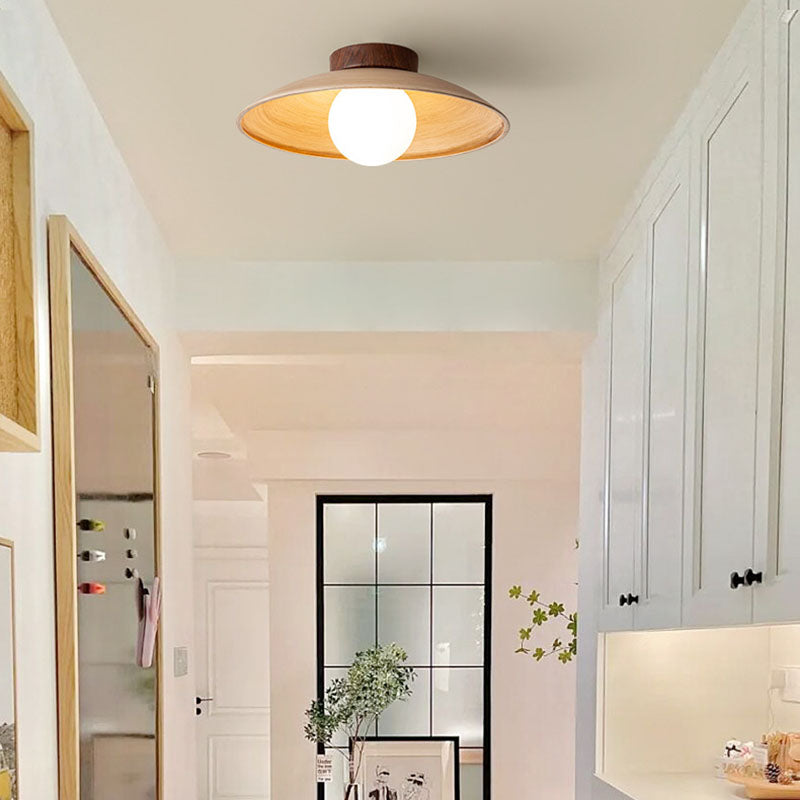 Traditional Japanese Woodgrain Disc Glass Shade 1-Light Semi-Flush Mount Ceiling Light For Hallway