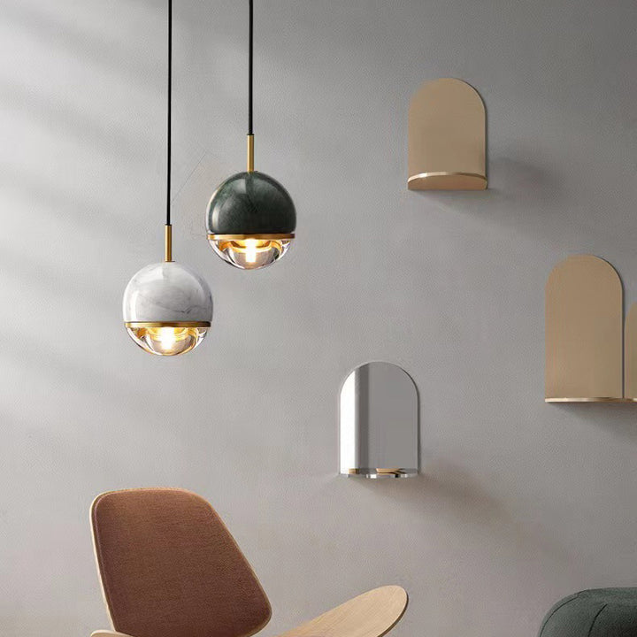 Lámpara colgante de 1 luz de vidrio de mármol de cobre esférico con patrón escandinavo contemporáneo para dormitorio 