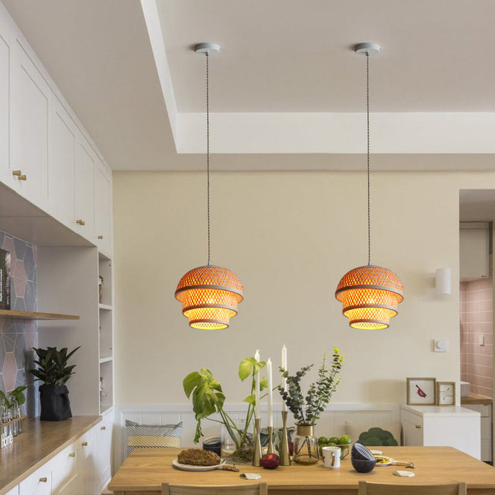 Traditional Chinese Round Bamboo Woven Cylinder 1-Light Pendant Light For Dining Room