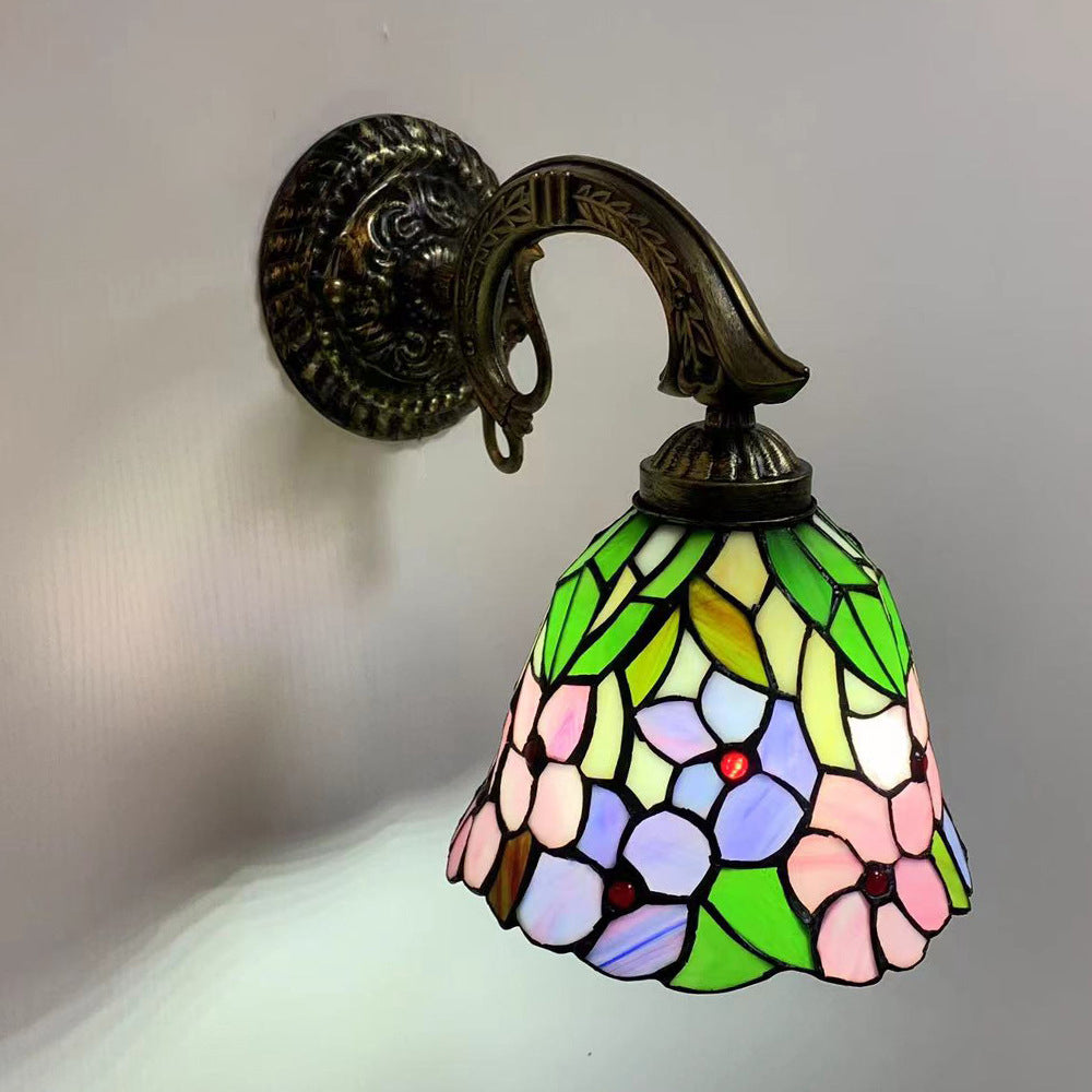 Applique murale en alliage de zinc avec verre teinté Tiffany Flower Cup traditionnelle 1 lumière pour chambre à coucher 