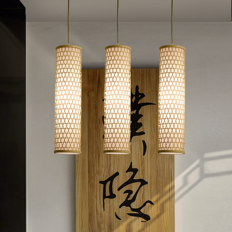 Modern Chinese Bamboo Weaving PVC Cylinder 1/3 Light Island Light Chandelier