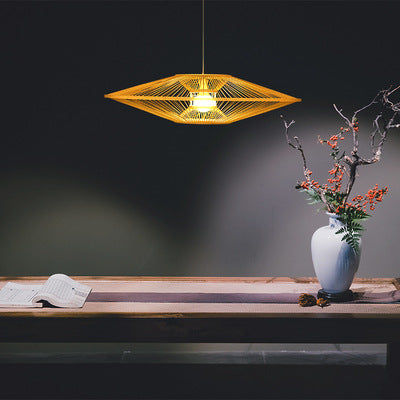 Traditional Vintage Woven Tatami Round Rattan Bamboo 1-Light Pendant Light For Living Room