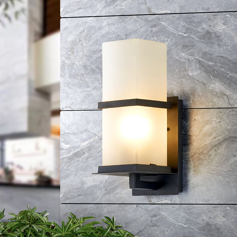 Applique murale 1 lumière avec abat-jour en verre dépoli étanche pour extérieur industriel 