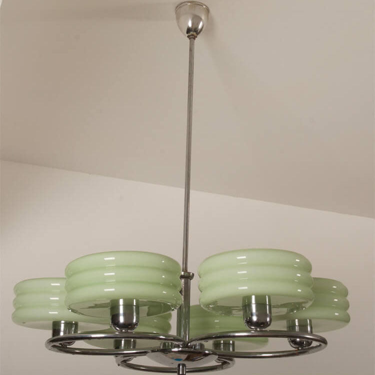 French Vintage Green Cream Glass Round Chrome Circle 6-Light Chandelier