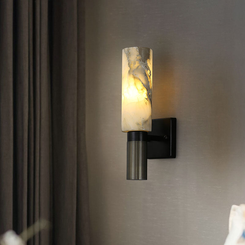 Traditional Chinese Cylinder Marble Copper Iron 1-Light Wall Sconce Lamp For Bedroom
