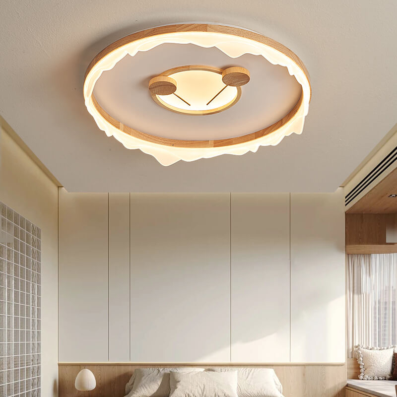 Traditional Japanese Cartoon Round Iron Wood Acrylic LED Flush Mount Ceiling Light For Living Room