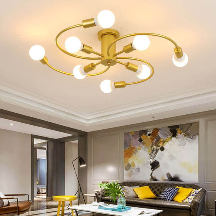 Modern Mid-Century Round Iron 6/8 Light Semi-Flush Mount Ceiling Light For Living Room