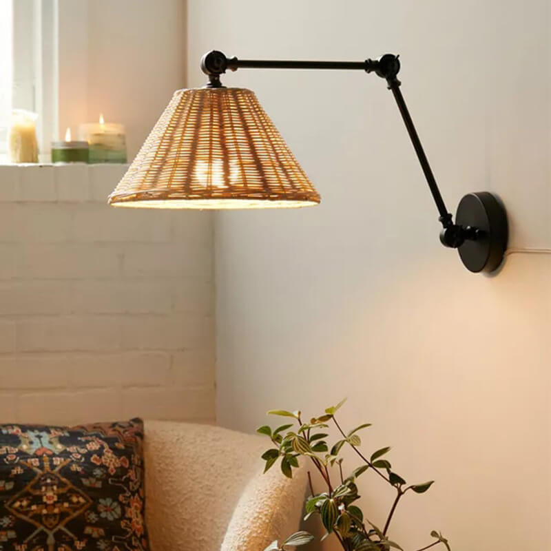 Traditional Rustic Rattan Cone Shade Iron Swing Arm 1-Light Wall Sconce Lamp For Living Room