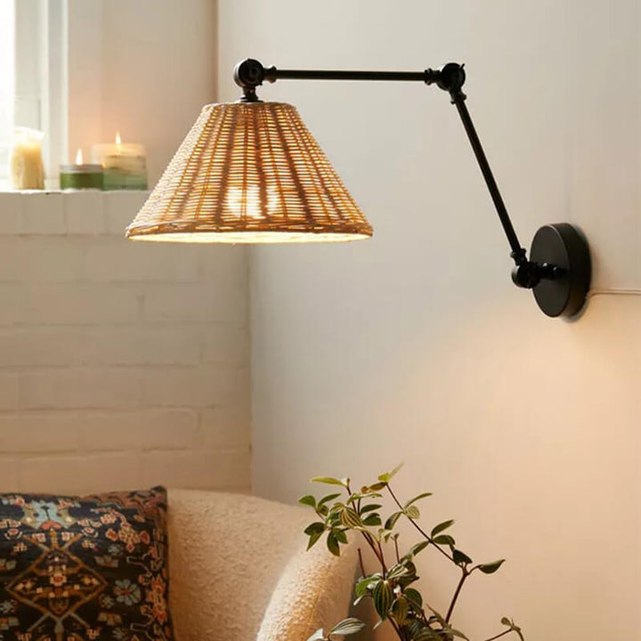 Traditional Rustic Rattan Cone Shade Iron Swing Arm 1-Light Wall Sconce Lamp For Living Room