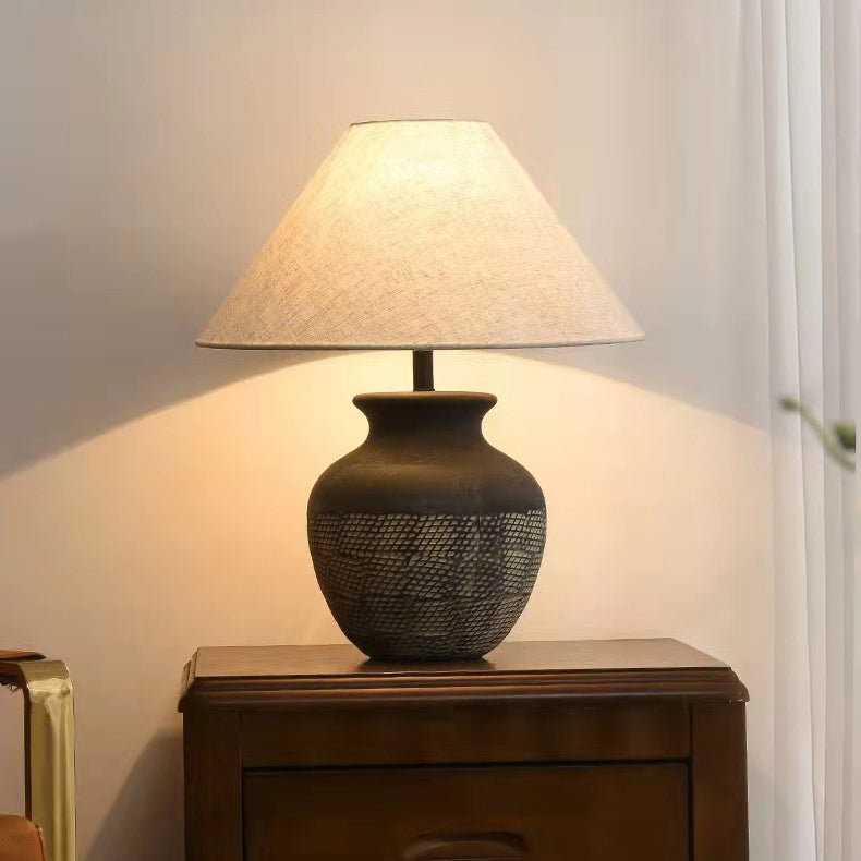 Traditional Japanese Cone Fabric Round Ceramic Jar Base 1-Light Table Lamp For Bedroom