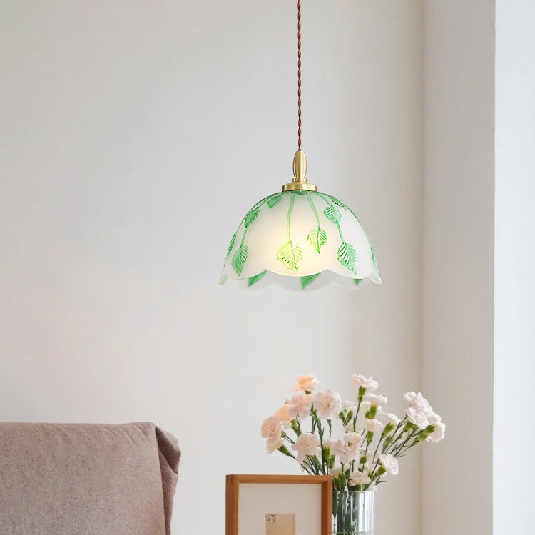 Traditionelle französische Pendelleuchte mit Schale und Blättern, Kupferglas, 1 Licht, für Esszimmer 