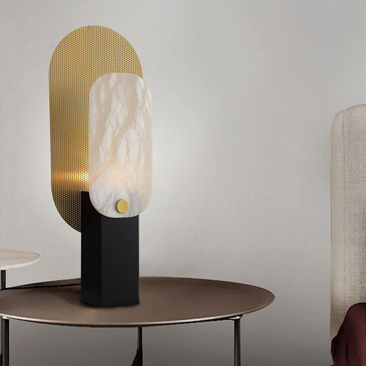 Lampe de table moderne Art déco rectangle arrondi en marbre avec abat-jour en métal à 1 lumière pour chambre à coucher 