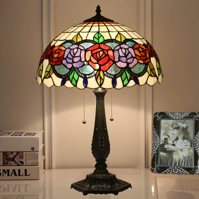 Tiffany Vintage Rose Stained Glass Dome 2-Light Table Lamp