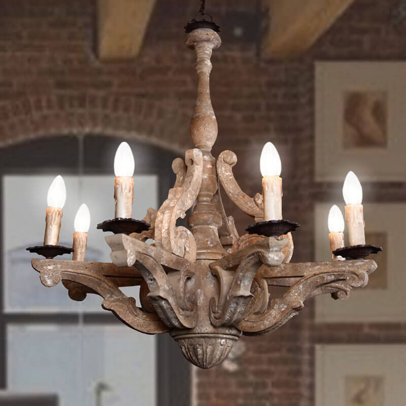 Industrial Vintage Wood Frame Candle Design 8-Light Chandelier