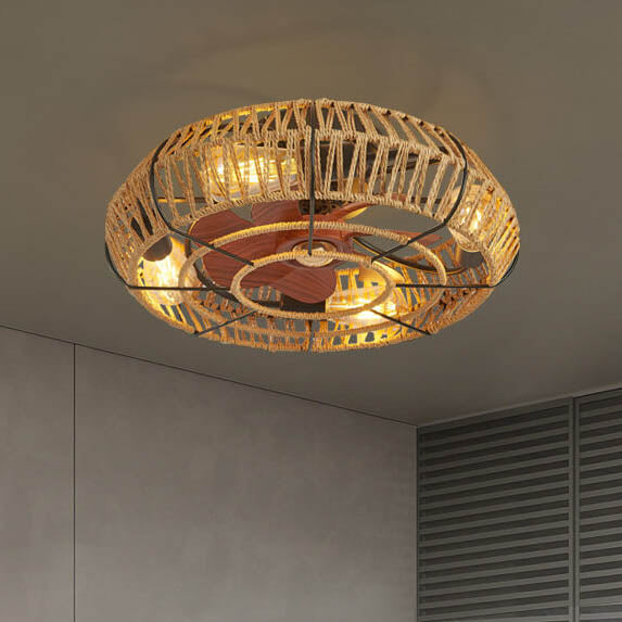 Traditionelle rustikale runde Trommel Eisen Hanfseil 4-Licht Semi-Flush Mount Deckenventilator Licht für das Schlafzimmer 
