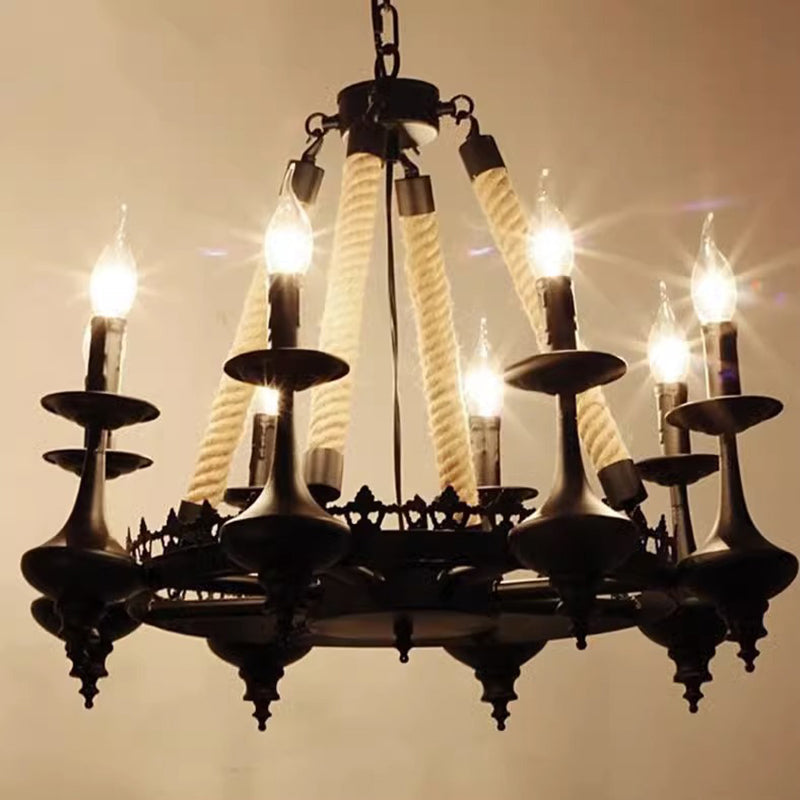 Traditioneller Vintage-Kandelaber aus Eisen, Hanfseil, 3/6/8 Lichter, Kronleuchter für Wohnzimmer 