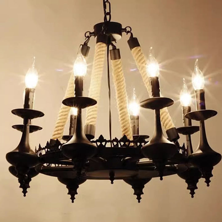 Traditioneller Vintage-Kandelaber aus Eisen, Hanfseil, 3/6/8 Lichter, Kronleuchter für Wohnzimmer 