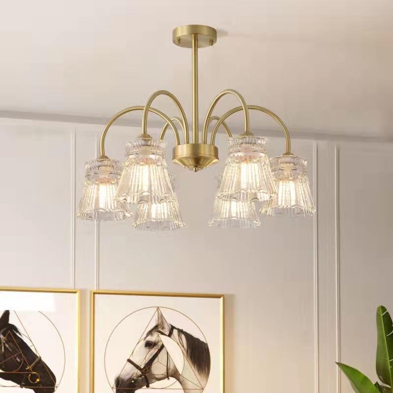 Zeitgenössische Retro gebogene Stange Blume Tasse Kupfer Glas 3/5/6 Licht Kronleuchter für Wohnzimmer 