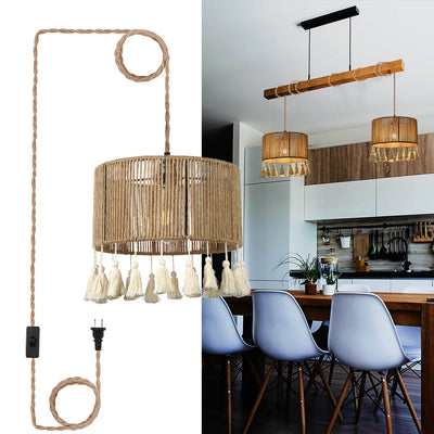 Contemporary Coastal Round Tassel Hemp Rope Rattan 1-Light Pendant Light For Bedroom