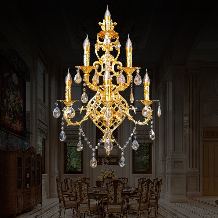 Traditionelle europäische Zweig Teardrop Zinklegierung Kristallglas 6-Licht Wandleuchte Lampe für Wohnzimmer 