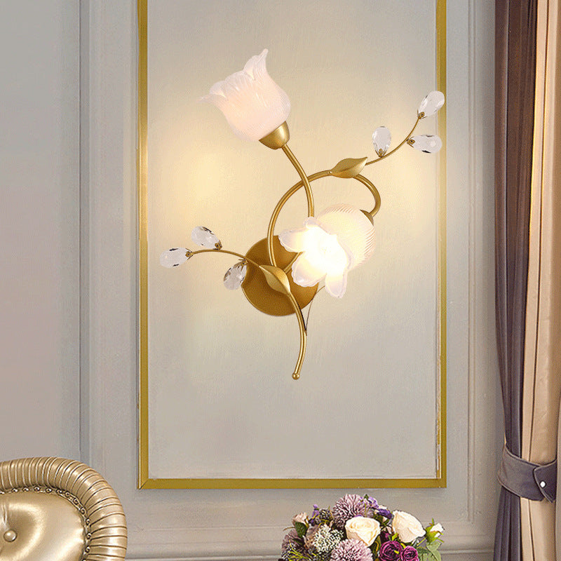 Modern Art Deco Flower Hardware Glass Crystal 2-Light Wall Sconce Lamp For Living Room
