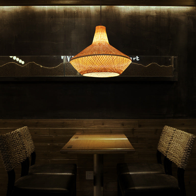 Lustre suspendu à 1 lumière en bambou tissé rond chinois traditionnel pour salles de divertissement 