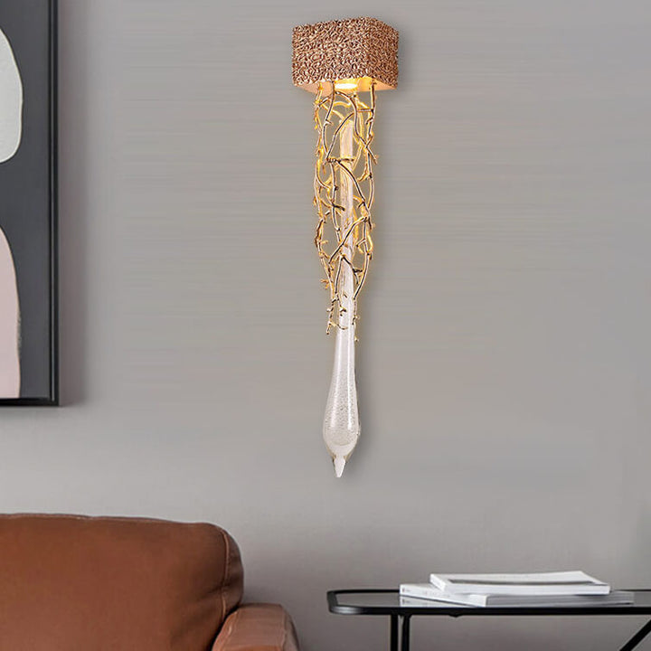Modern Luxury Brass Tree Branch Hardware Crystal Water Drop Design 1-Light Wall Sconce Lamp