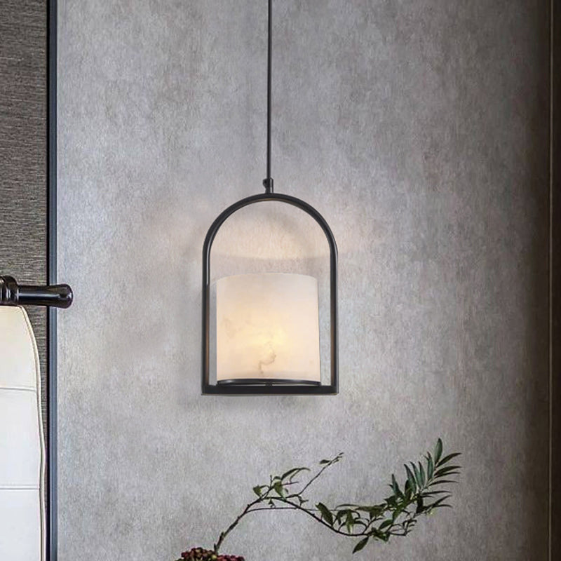 Colonne de Cage à Oiseaux Minimaliste Moderne en Cuivre et Marbre avec Suspension à 1 Lumière pour Salle d&