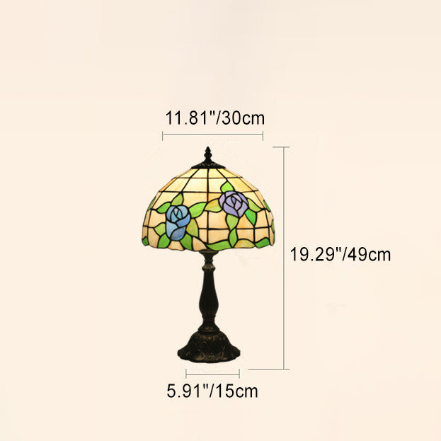 Lampe de table traditionnelle Tiffany à dôme rond avec base en alliage de zinc et verre teinté, 1 lumière pour chambre 