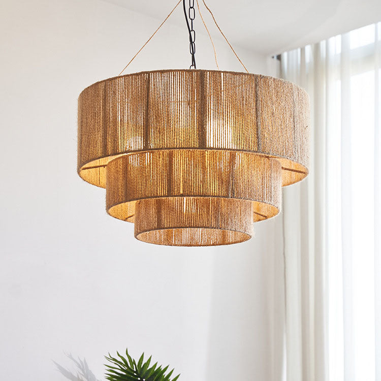Zeitgenössische Boho Eisen Kordel Runde 3-Licht Pendelleuchte Für Esszimmer 