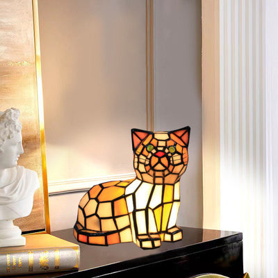 Lámpara de mesa de 1 luz con diseño de gato de vidrio Tiffany tradicional para dormitorio 