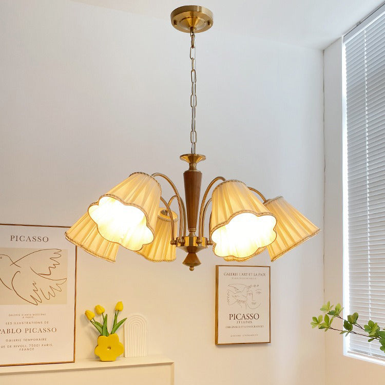 Chandelier traditionnel en tissu floral à branches françaises en bois de caoutchouc et fer avec 3/6/8 lumières pour chambre 
