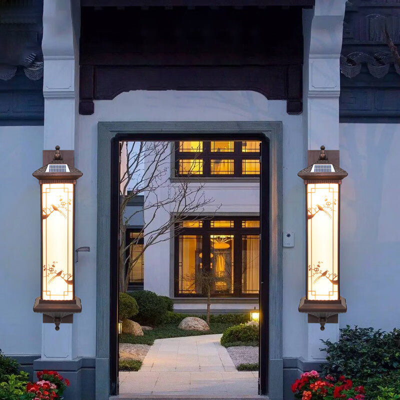 Traditionelle chinesische rechteckige Aluminiumglas-Solar-LED-Wandleuchterlampe für Garten