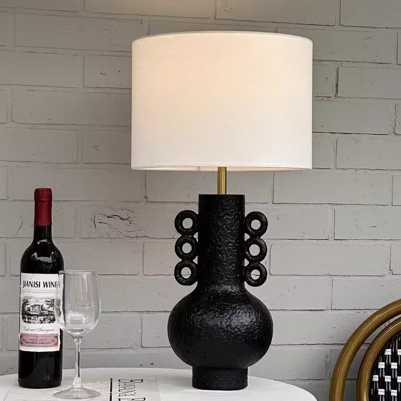 Lampe de table à 1 lumière avec base en résine et pichet en tissu à tambour japonais traditionnel pour chambre à coucher 