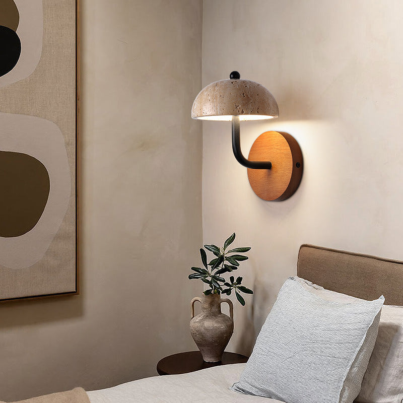 Traditionelle japanische halbrunde beige Travertin Holz LED Wandleuchte Lampe für Schlafzimmer 