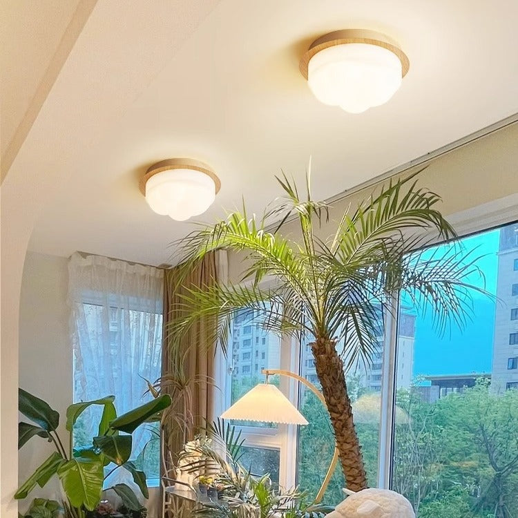 Luz de techo semiempotrada LED con pantalla de PE en forma de nube de grano de madera imitación hierro japonés tradicional para pasillo 