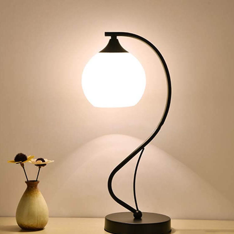 Moderne einfache Blumen-Glaslampe mit gebogenem Eisenfuß, 1-Licht-Tischlampe 